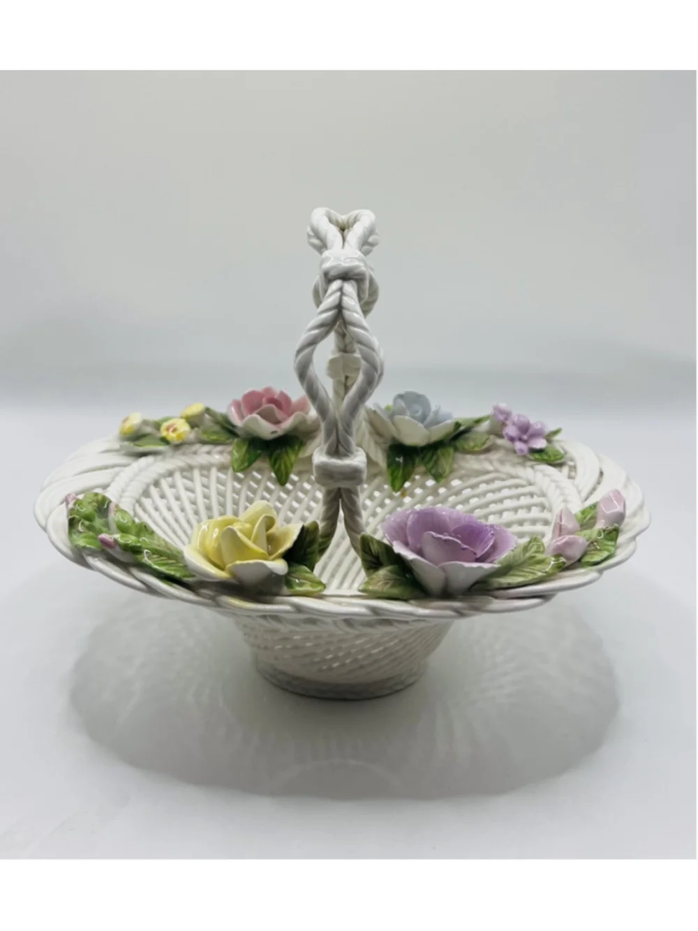 Vintage Spanish Porcelain Floral Open Weave Basket White Pastel Made In Spain